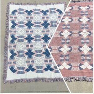 Goodwin Weavers Double Wedding Ring Woven Throw Blanket Reversible Pink Blue 70"